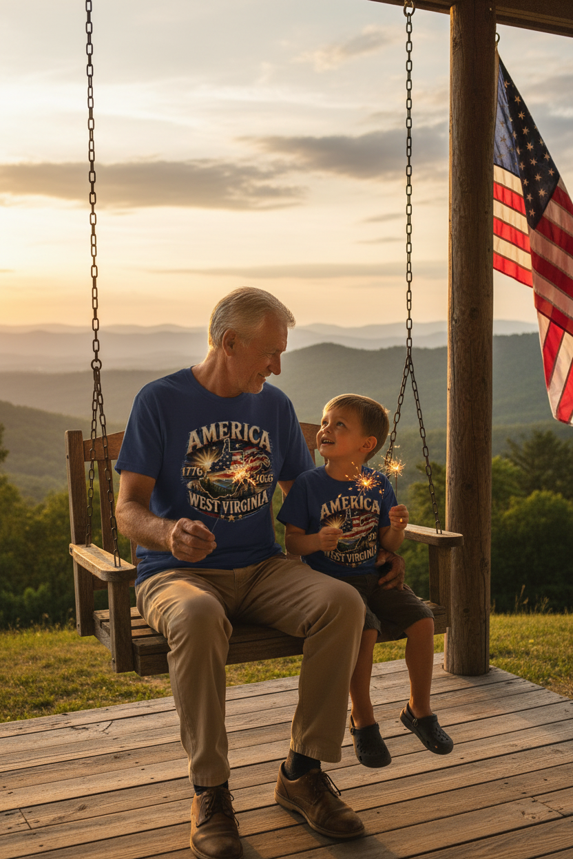 Grandfather and grandson on porch swing overlooking WV mountains wearing America 1776-2026 navy patriotic t-shirt