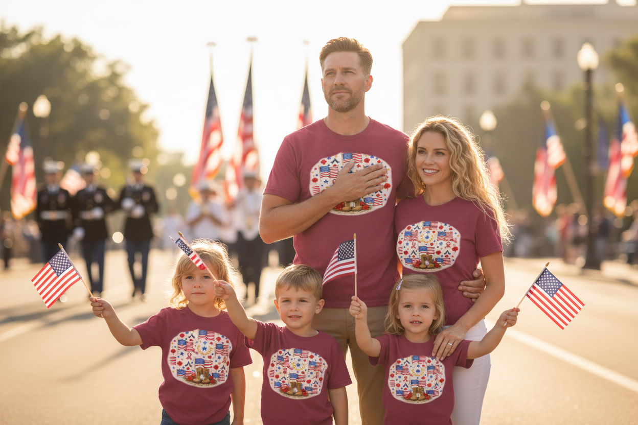 Military family wearing Memorial Day tee at parade