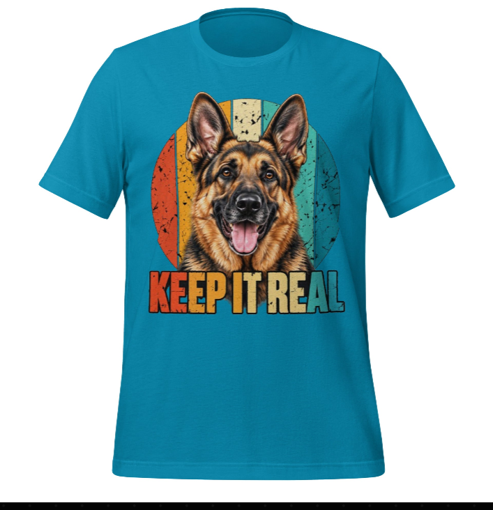 Front view of a blue German Shepherd Keep It Real graphic T-shirt
