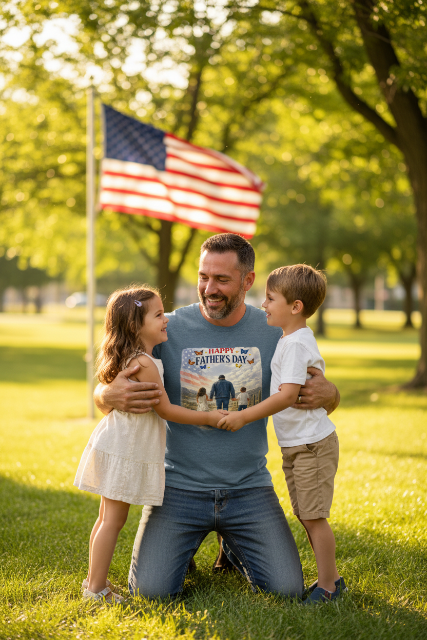Dad hugging kids in sunlit park – lifestyle mockup