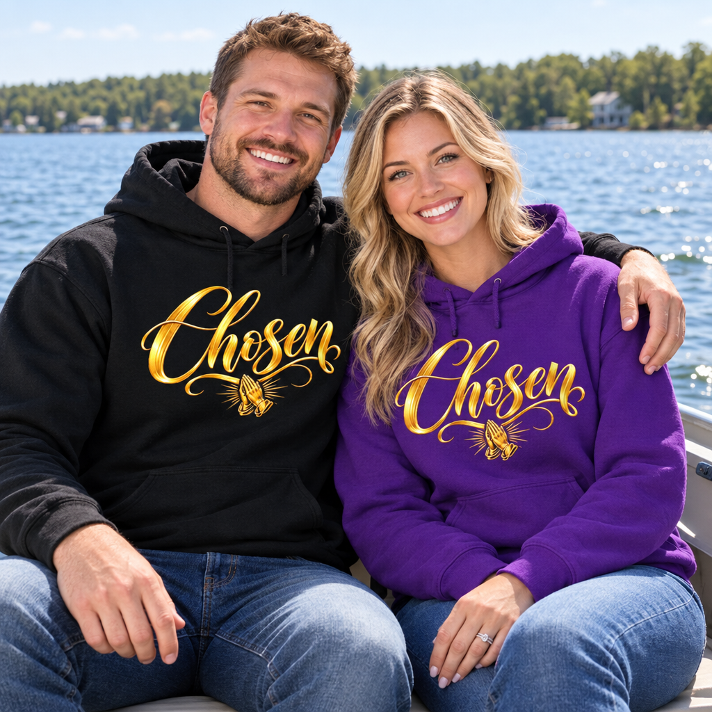 Husband and wife on a boat wearing Chosen hoodies