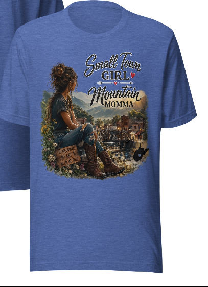 Small Town Girl Mountain Momma tee in blue heather color