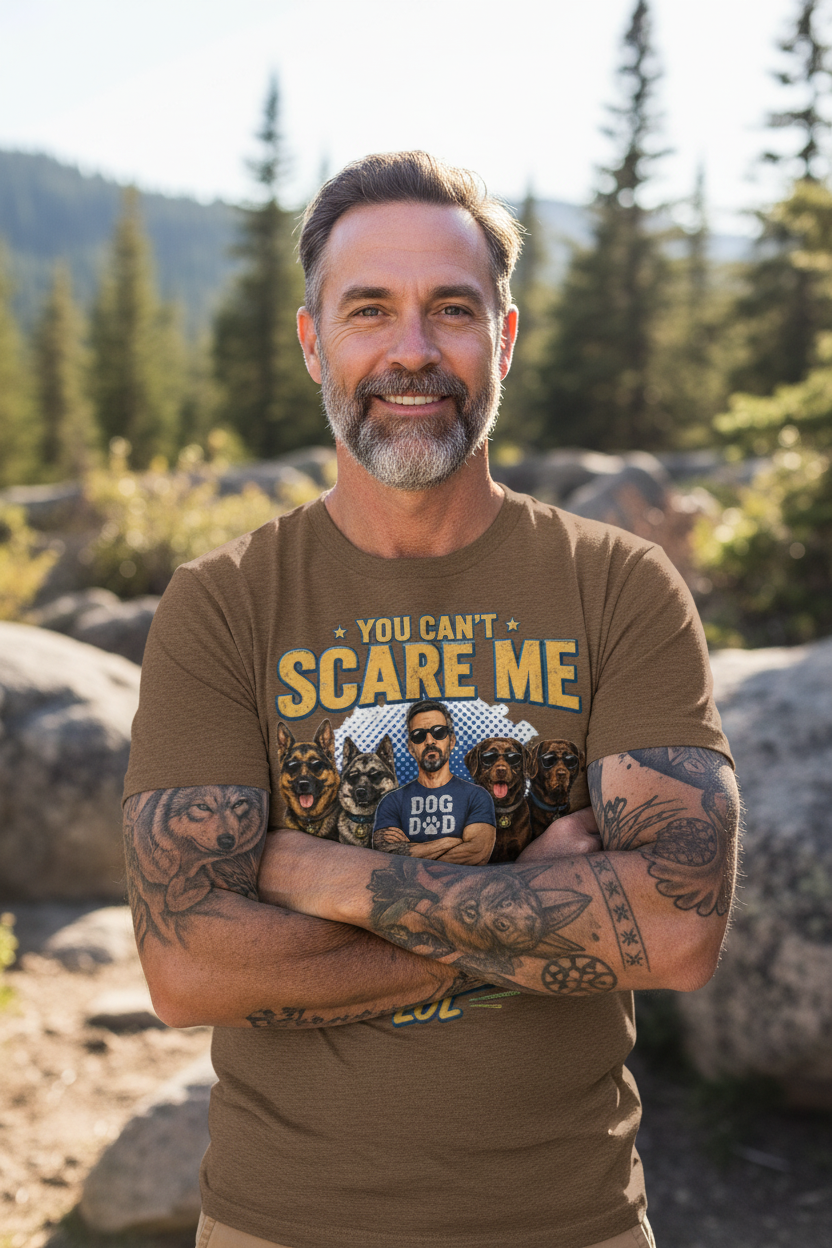 Dog Dad lifestyle mockup - brown heather tee - outdoor rugged setting
