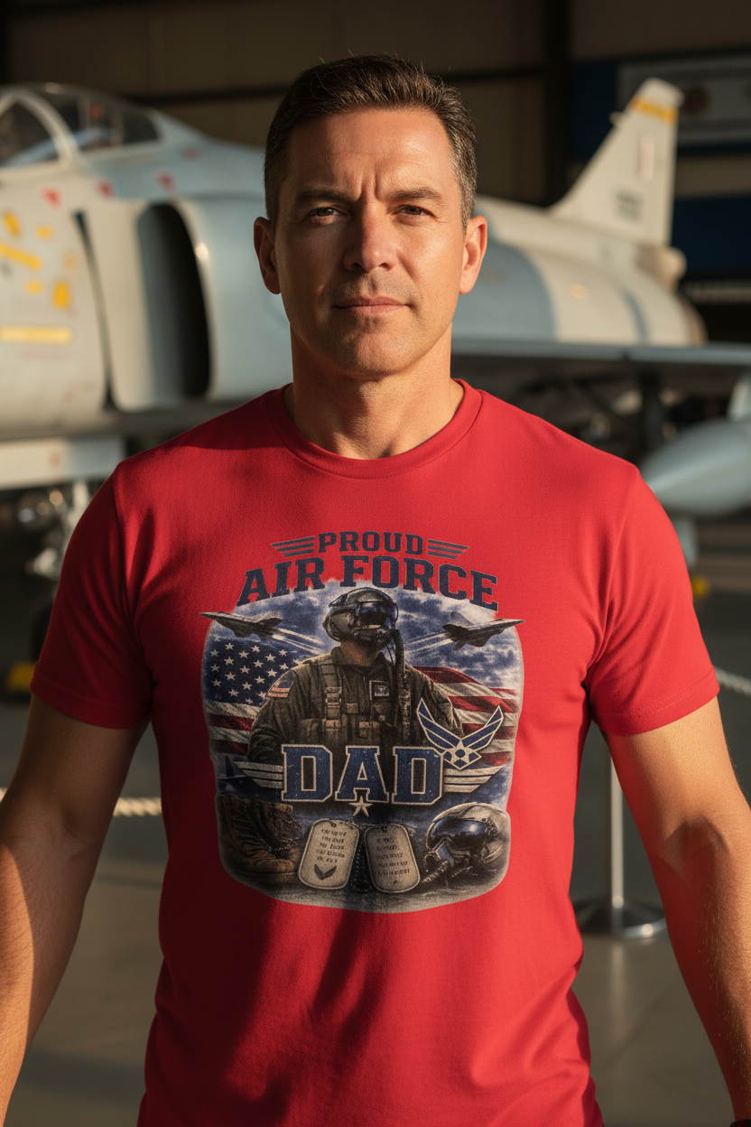 Proud Air Force Dad t-shirt red - dad standing in front of military aircraft