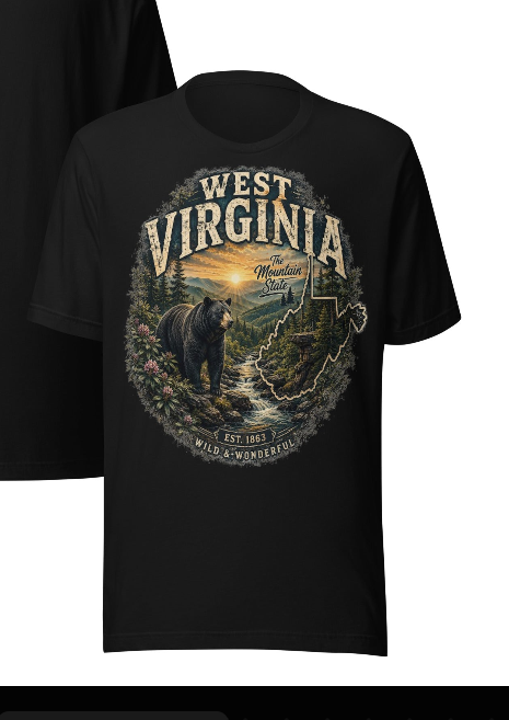 West Virginia Wild & Wonderful black t-shirt - Mountain State bear graphic