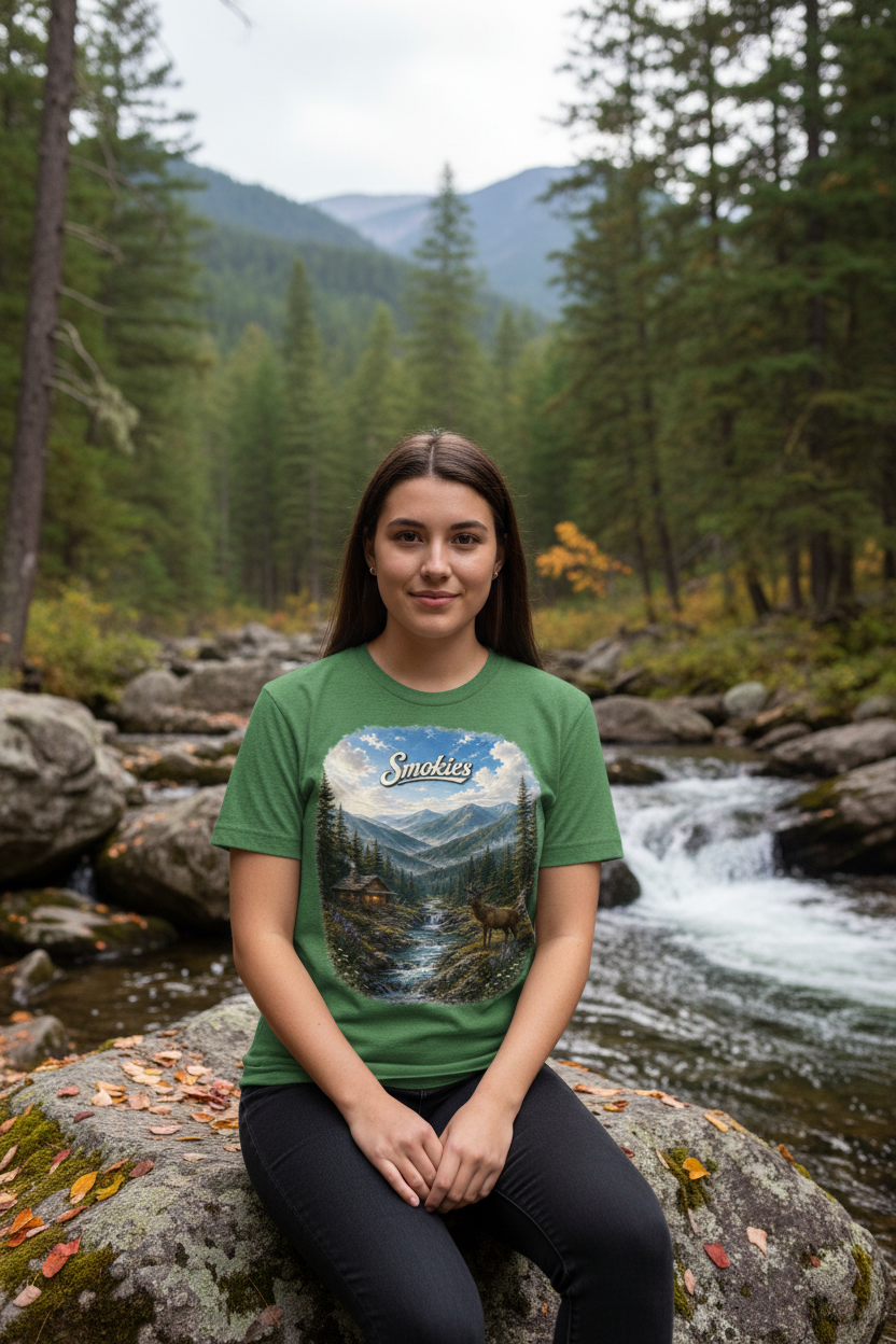 Young woman wearing Smokies green tee on mossy boulder beside mountain stream