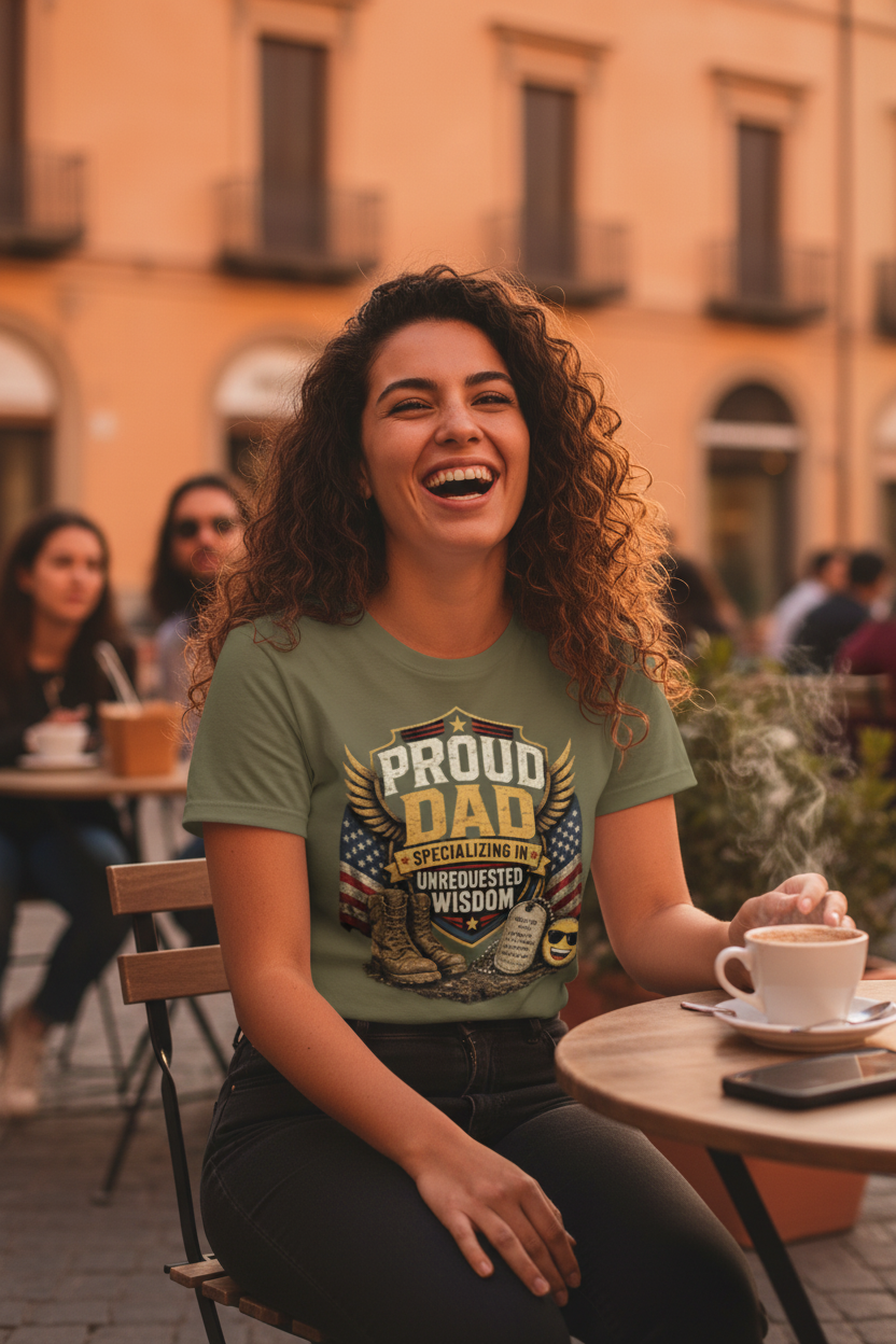 Hispanic woman wearing Proud Dad military t-shirt at outdoor café lifestyle photo