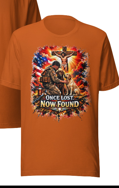 Once Lost Now Found Faith Patriot Tee – Burnt Orange lifestyle mockup front view