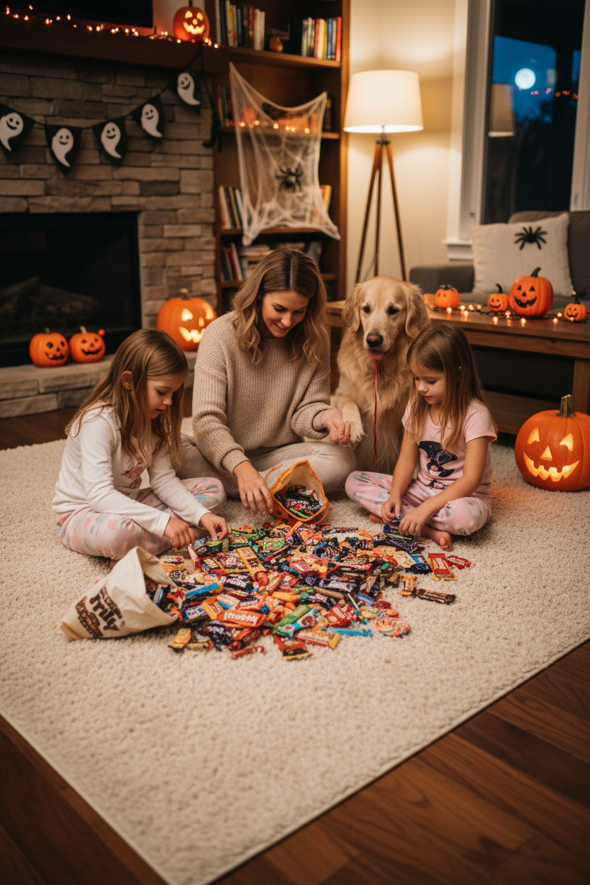 Family counting Halloween candy at home with their golden retriever dog on a cozy fall evening