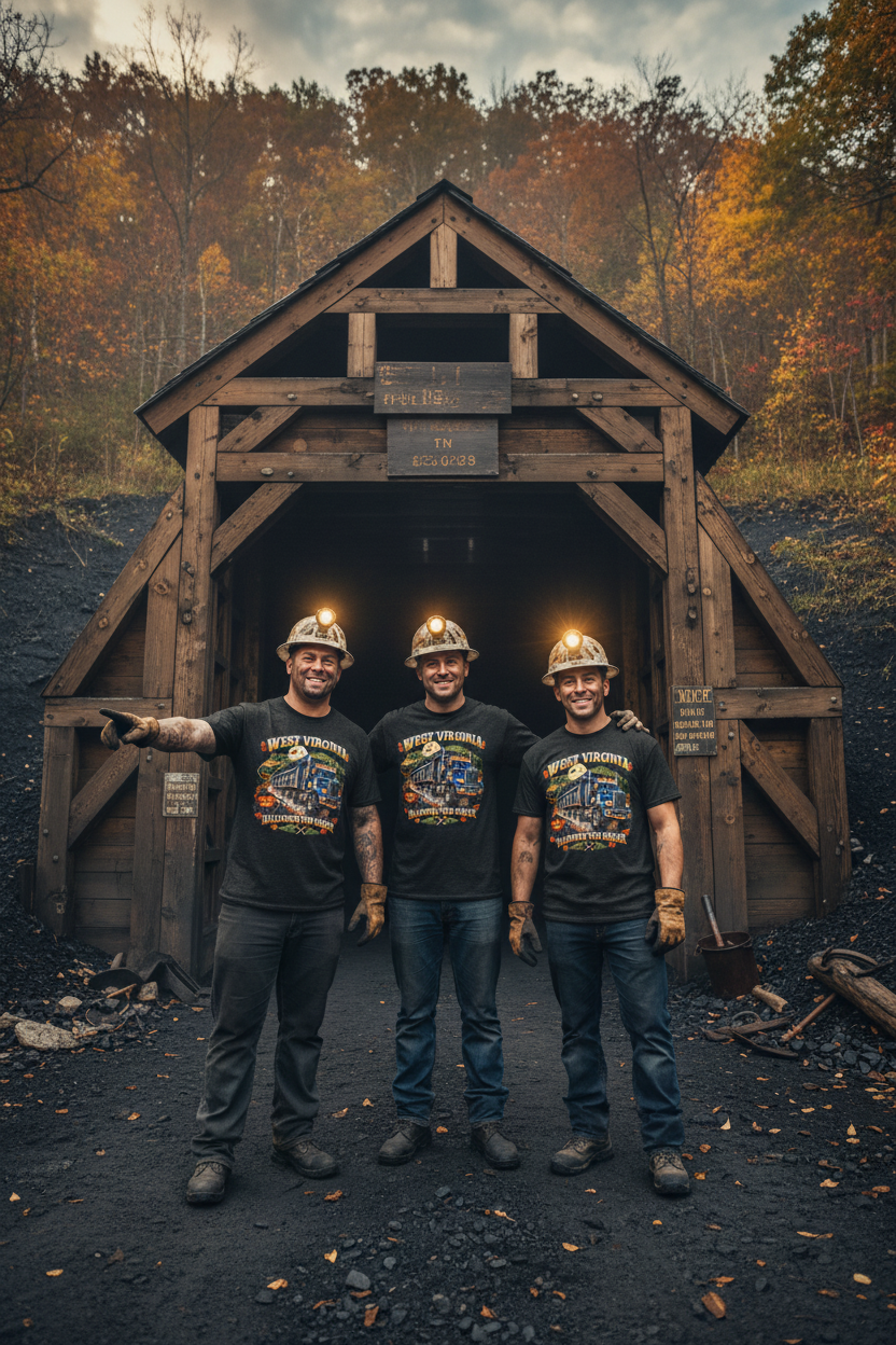 Coal miners wearing West Virginia Halloween Coal Hauler black t-shirts at the coal mine entrance