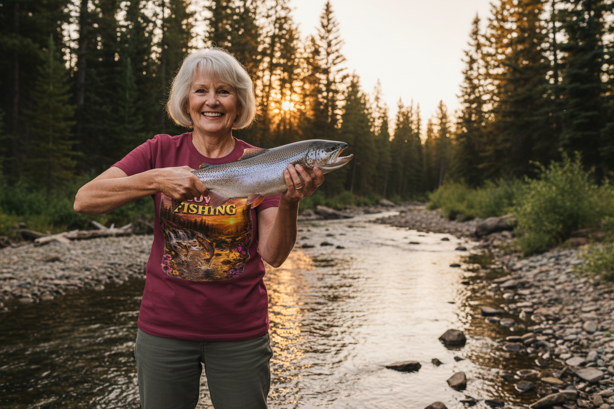 Grandmother wearing Grandma Loves Fishing maroon t-shirt proudly holding large fish at creek