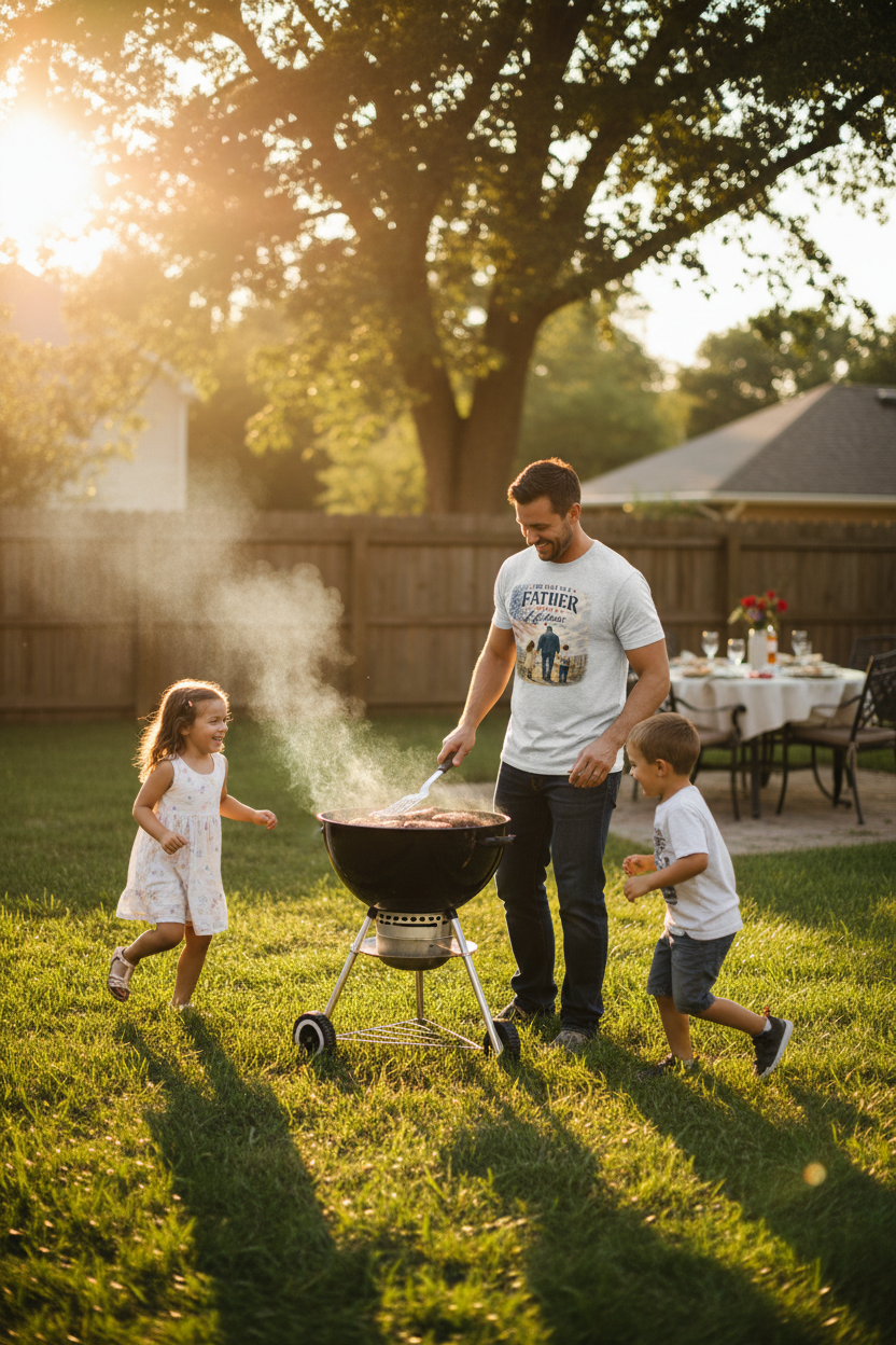 Dad grilling at summer BBQ with kids – lifestyle mockup