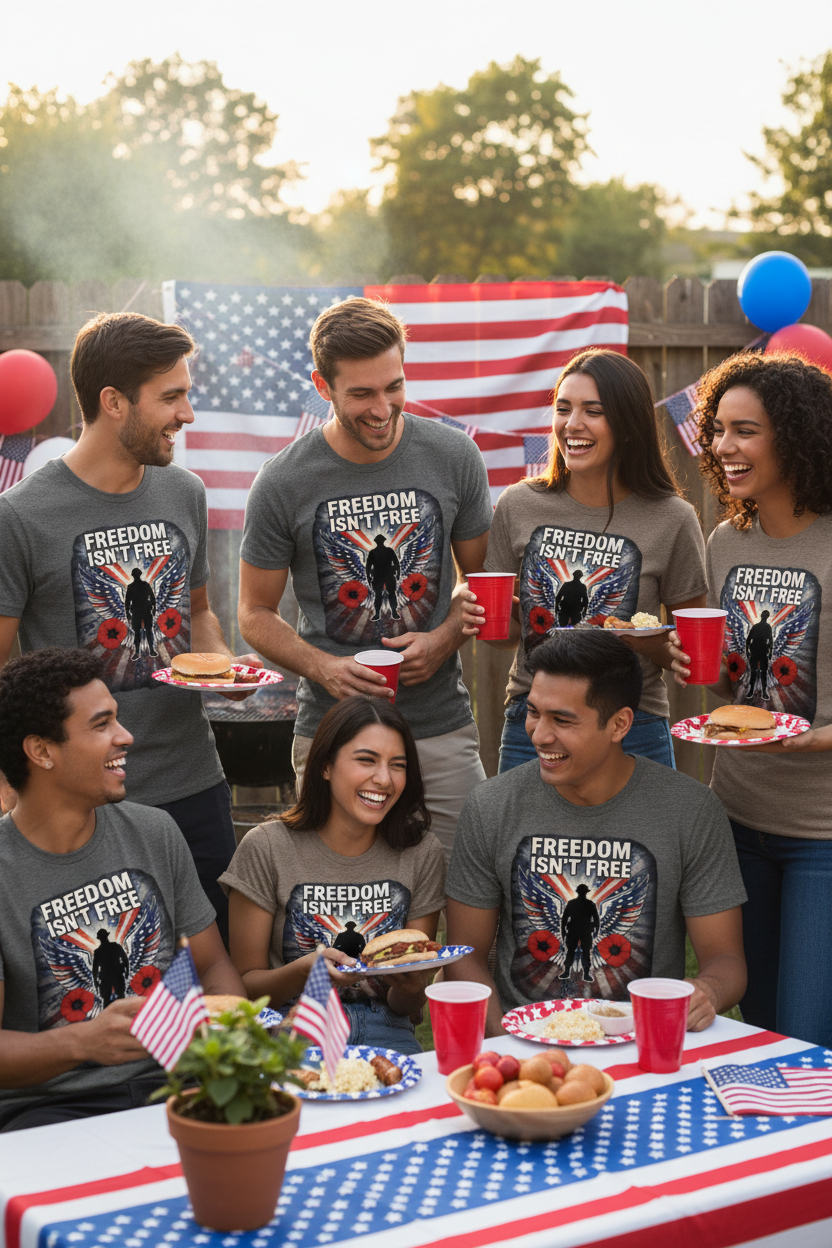 Friends wearing Freedom Isn't Free patriotic t-shirts at 4th of July BBQ