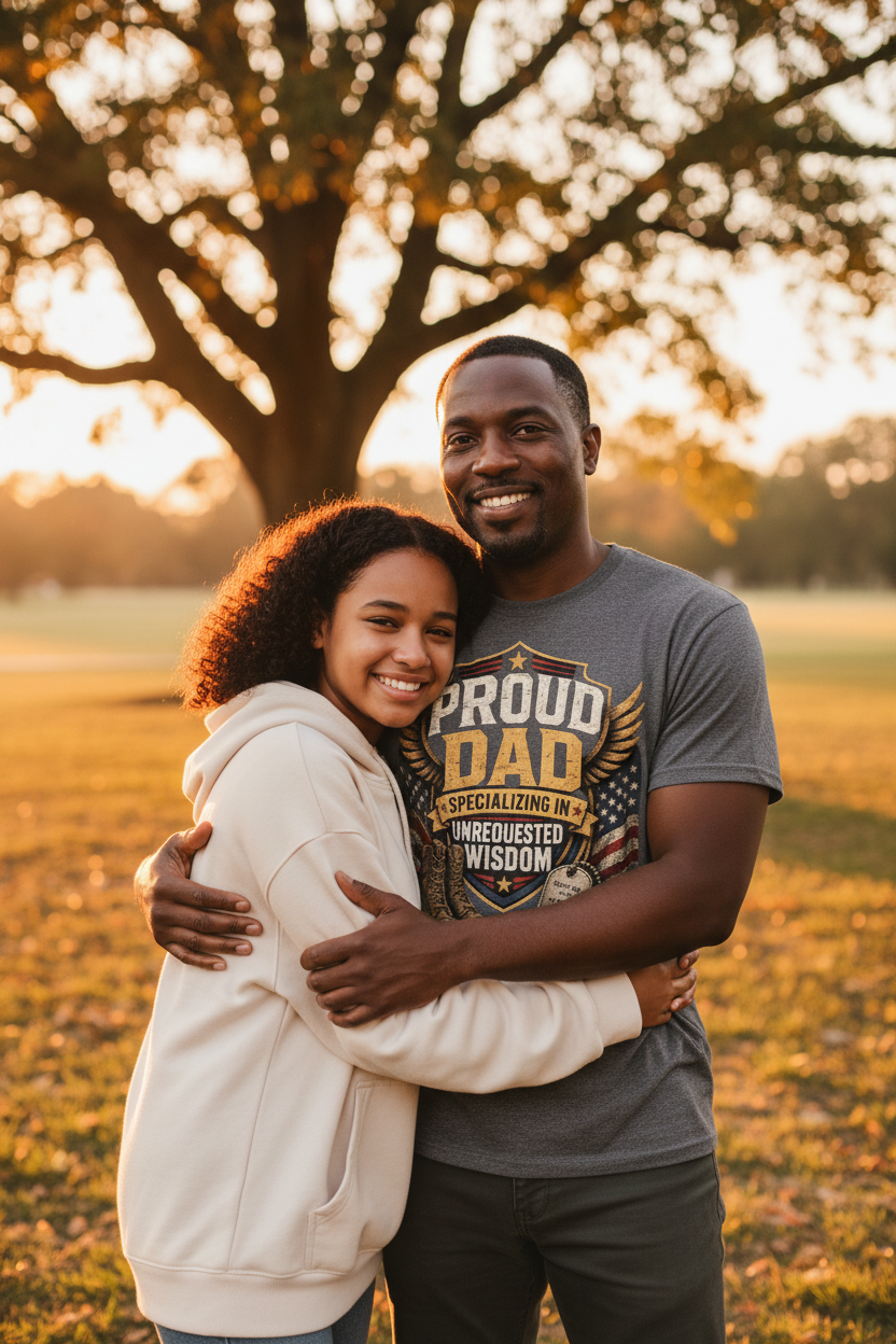 Black dad hugging daughter wearing Proud Dad military t-shirt lifestyle photo