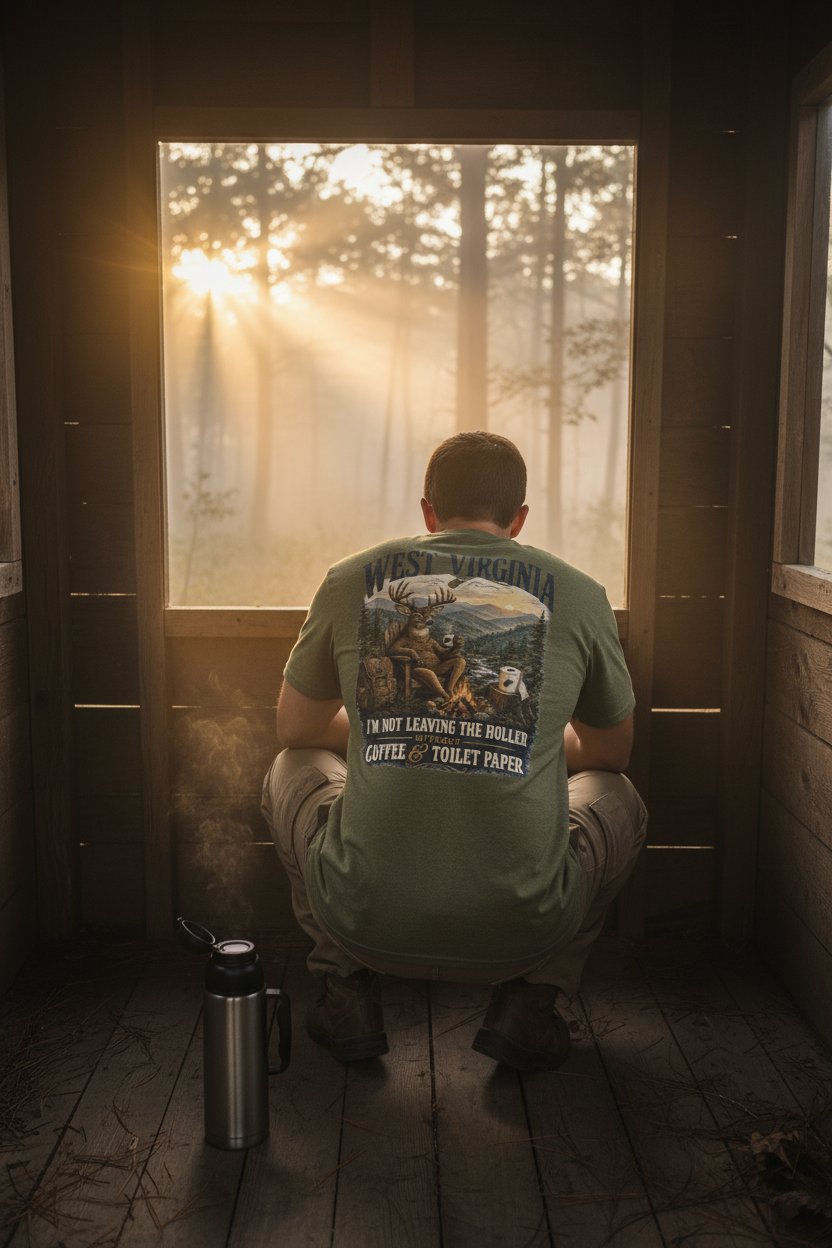 Hunter in deer blind at dawn wearing heather forest green WV Coffee & Toilet Paper tee, back graphic zoomed in