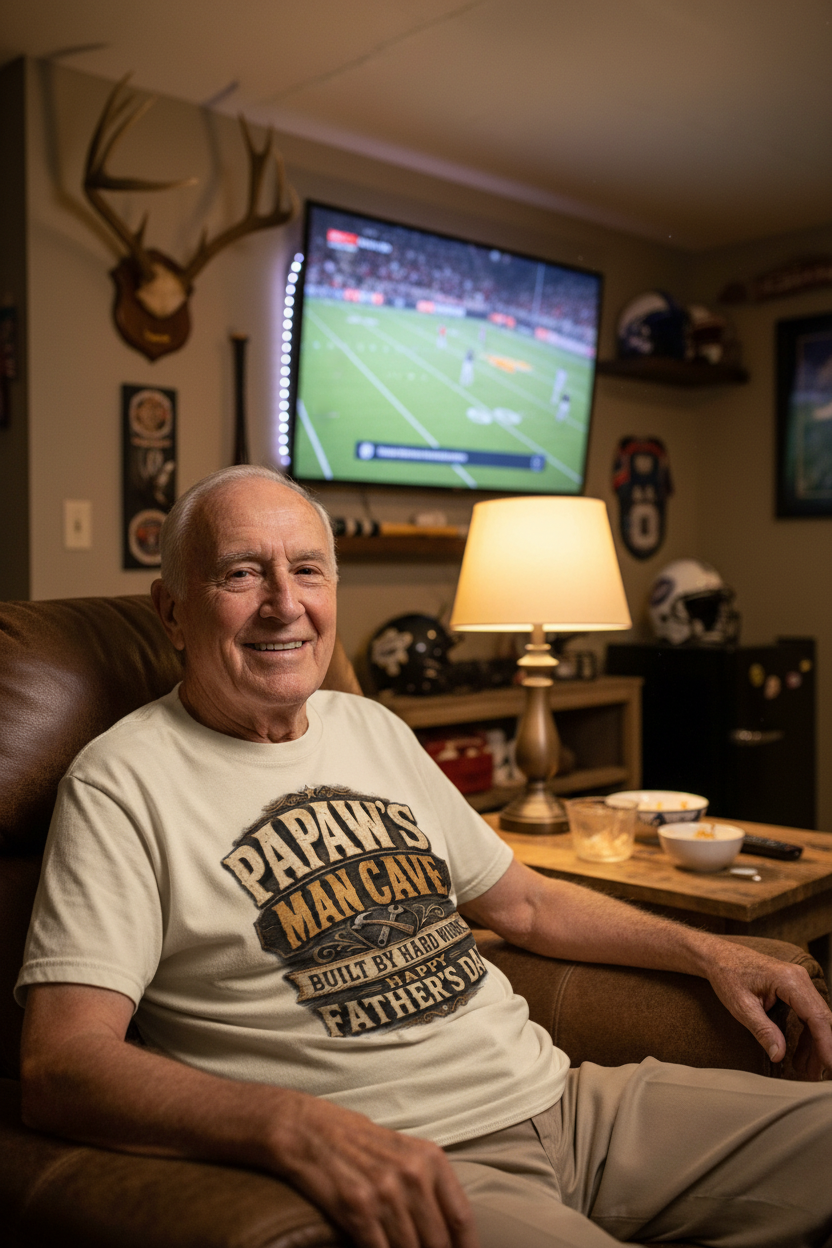 Grandfather relaxing in basement man cave wearing natural cream Papaw t-shirt - Father's Day lifestyle mockup
