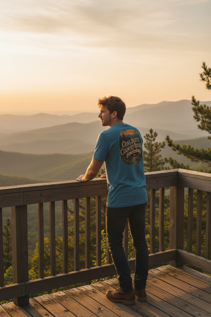 Man wearing Coal Dust & Country Roads WV t-shirt on mountain overlook at golden hour