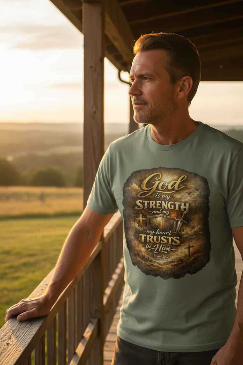 Veteran man wearing sage green God Is My Strength Psalm 28:7 faith t-shirt on a porch at sunrise