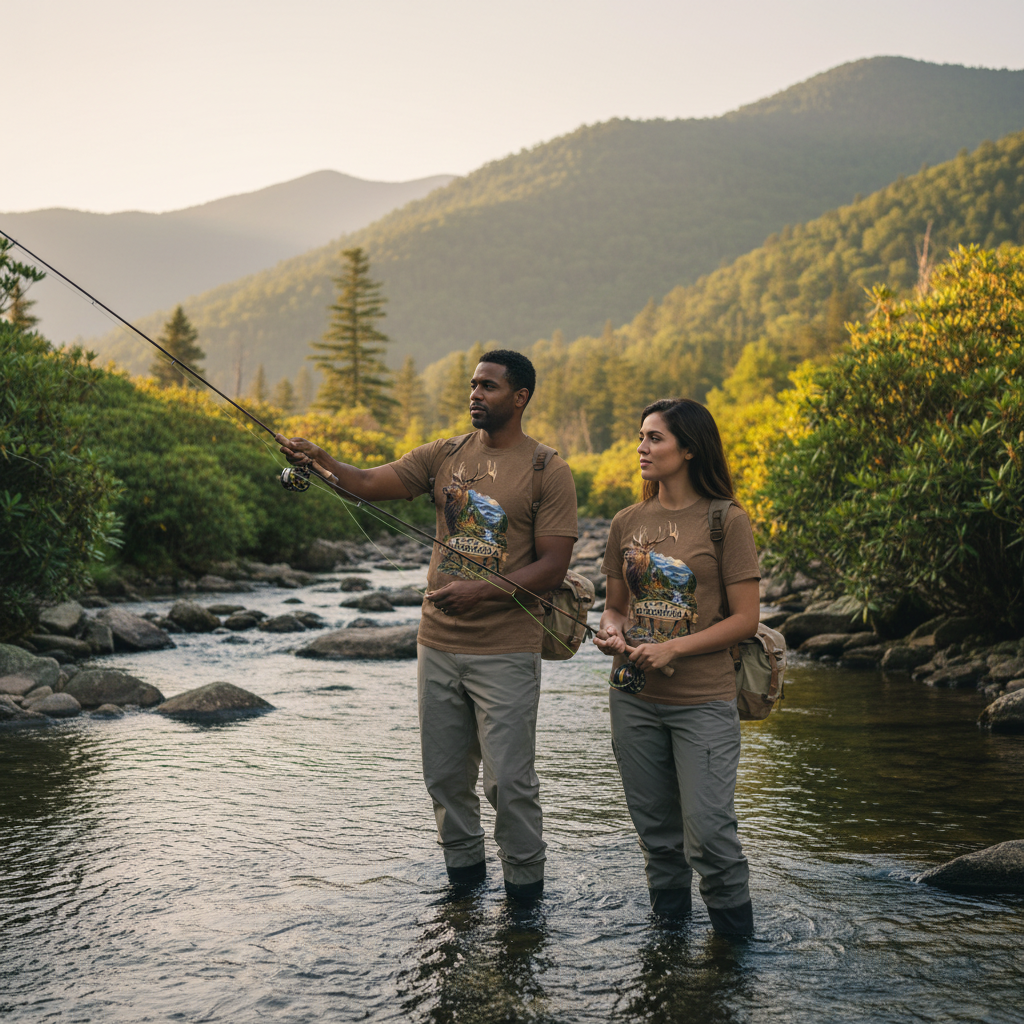 Man and woman wearing brown Great Smoky Mountains elk T-shirts while fishing beside a mountain stream