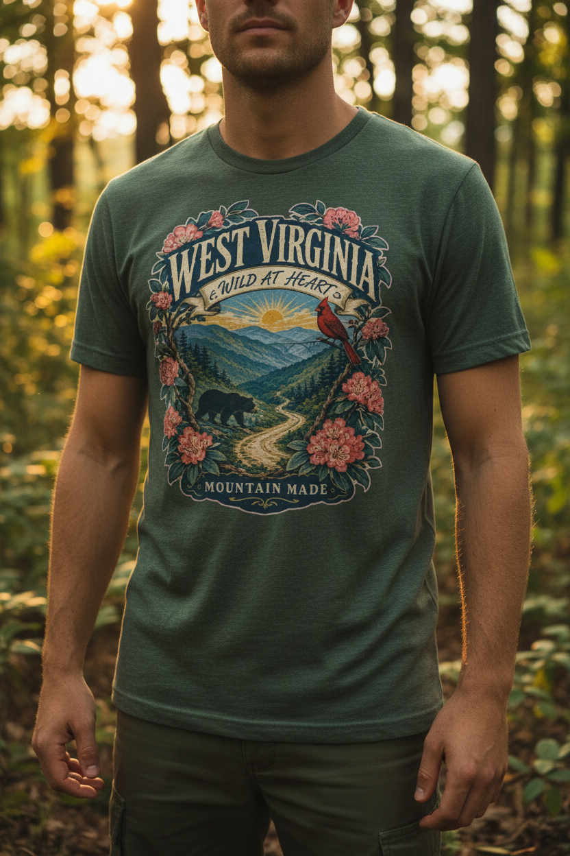 Man wearing West Virginia Wild at Heart forest green t-shirt in Appalachian woods