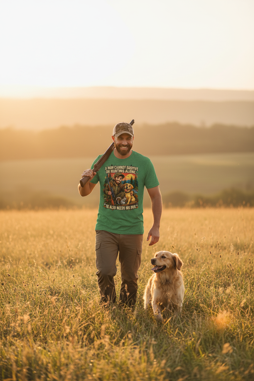 Hunter walking through golden field at sunrise wearing hunting dog shirt with retriever bounding alongside
