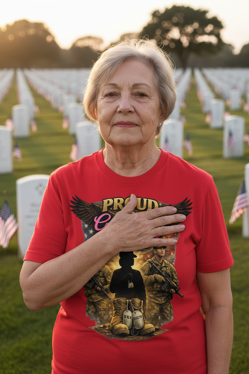 Grandmother at military cemetery wearing red Proud Grandma Army tee