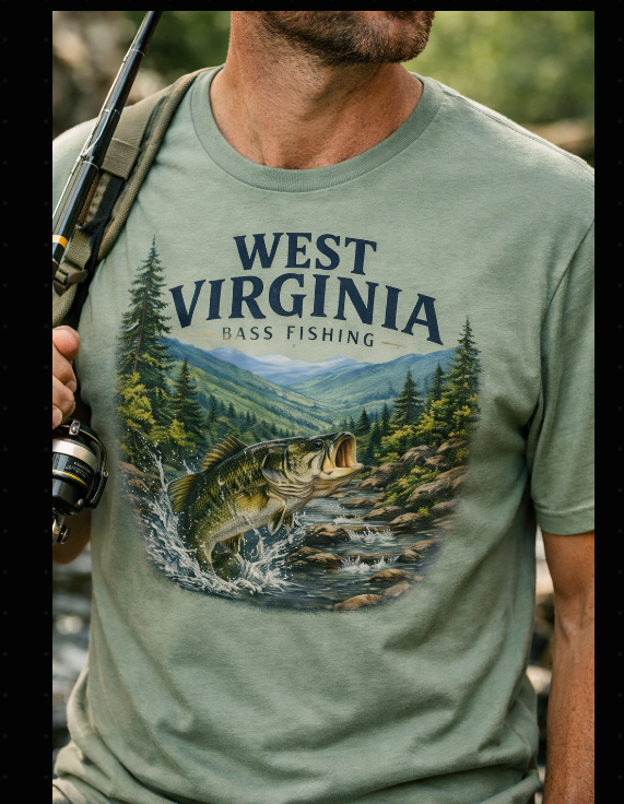 Man wearing West Virginia Bass Fishing sage green tee with fishing rod over shoulder — lifestyle mockup