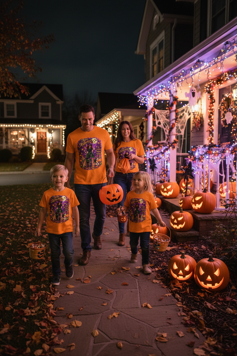 Family wearing matching Halloween witch and dogs t-shirts trick-or-treating house to house on Halloween night