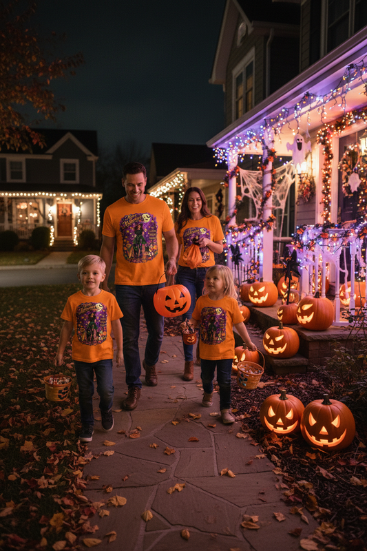Family wearing matching Halloween witch and dogs t-shirts trick-or-treating house to house on Halloween night