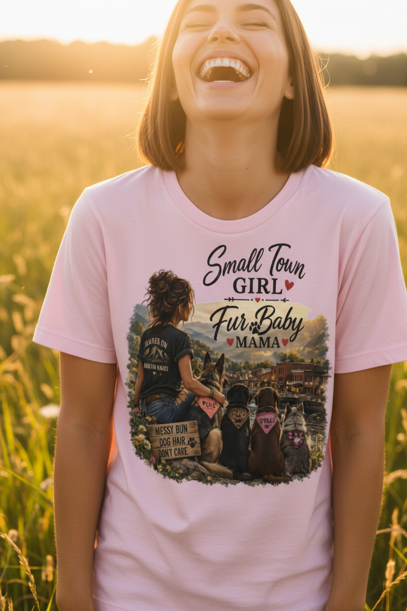 Woman wearing pink Small Town Girl Fur Baby Mama t-shirt in sunlit meadow with dogs