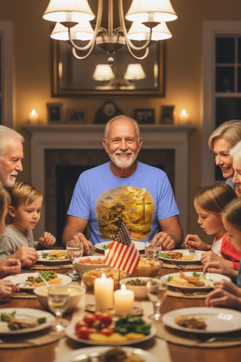 Veteran wearing Life Love Peace Joy Freedom t-shirt at family dinner table lifestyle mockup