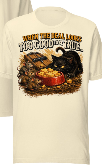 When The Deal Looks Too Good To Be True… | Funny Cat & Mouse Graphic Tee
