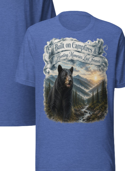 Built on Campfires & Hunting Memories Last Forever – Black Bear T-Shirt in Heather Royal Blue