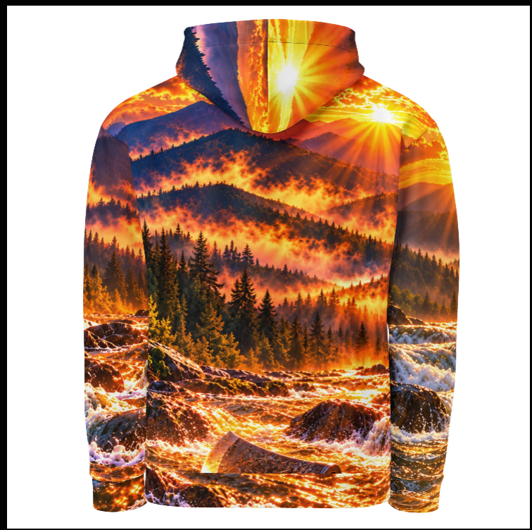 Back of Floating Axe Christian hoodie with golden sunlight, mountain forests, and rushing river artwork