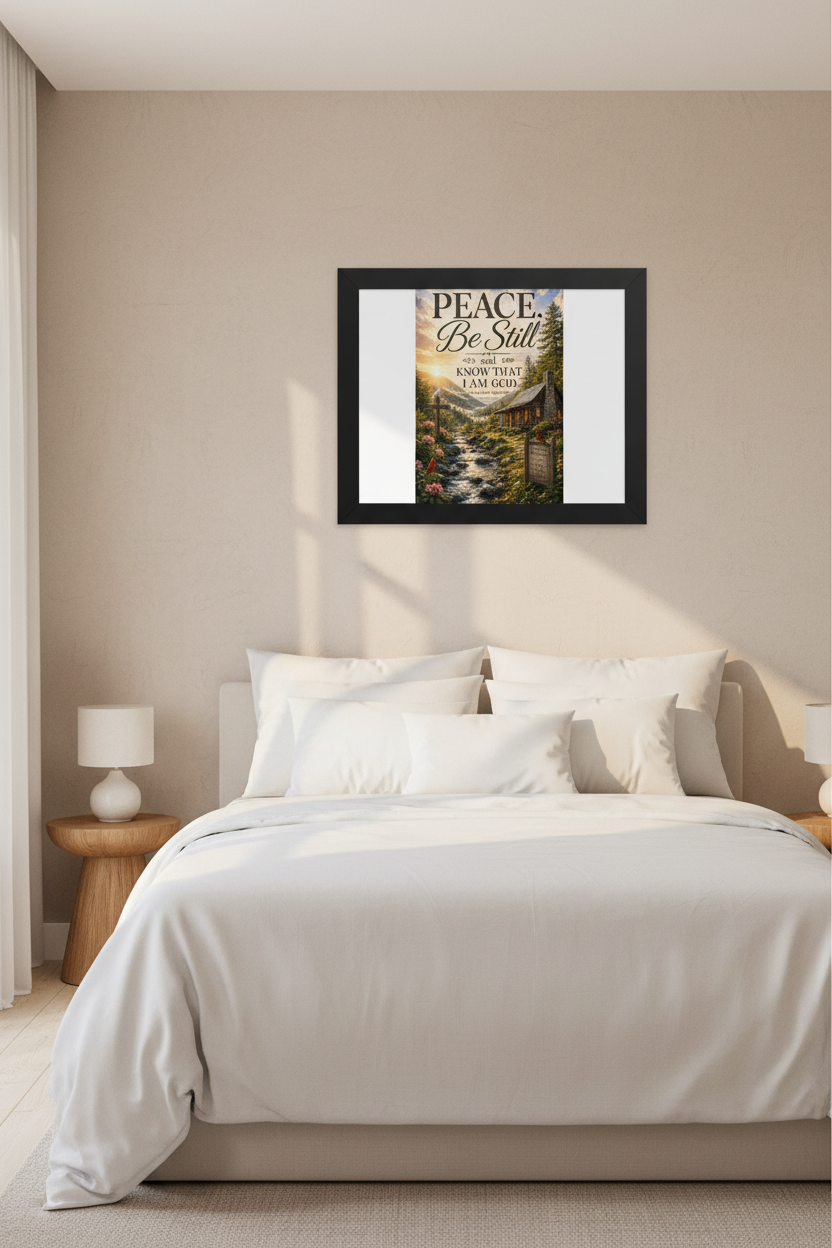 Peace Be Still framed wall art above a bed in a peaceful bedroom