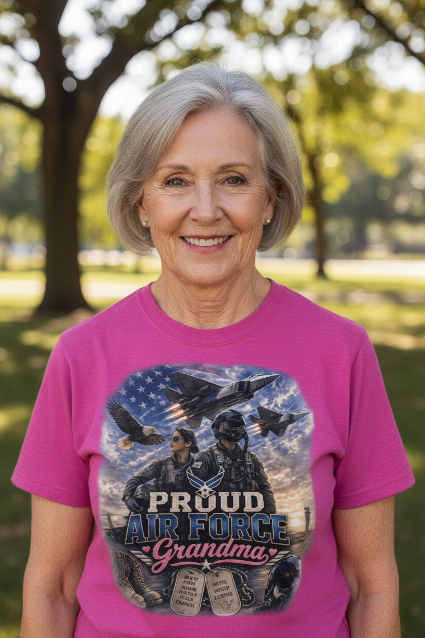 Proud Air Force Grandma wearing hot pink tee, close-up lifestyle photo