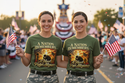 Two female soldiers at Memorial Day parade wearing matching t-shirts