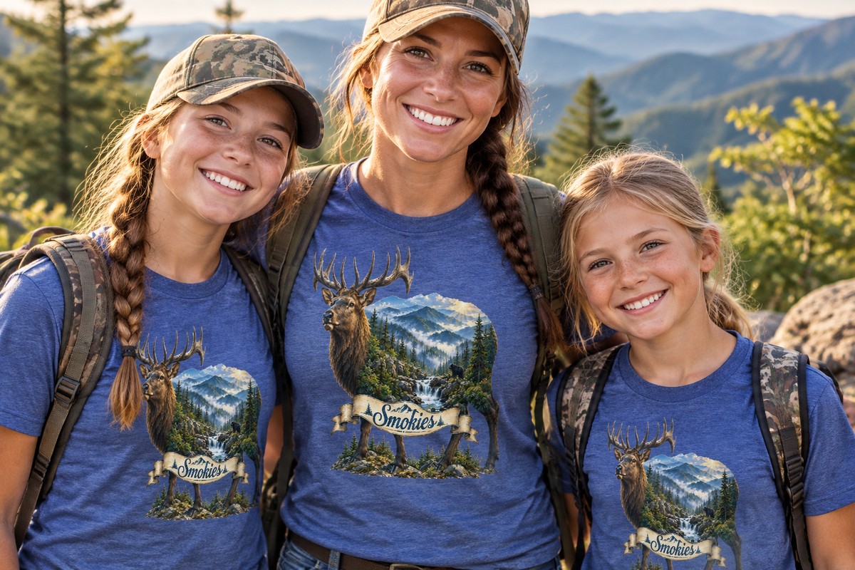 Mother and two daughters wearing matching blue Smoky Mountains elk T-shirts on a responsible wildlife hunting trip