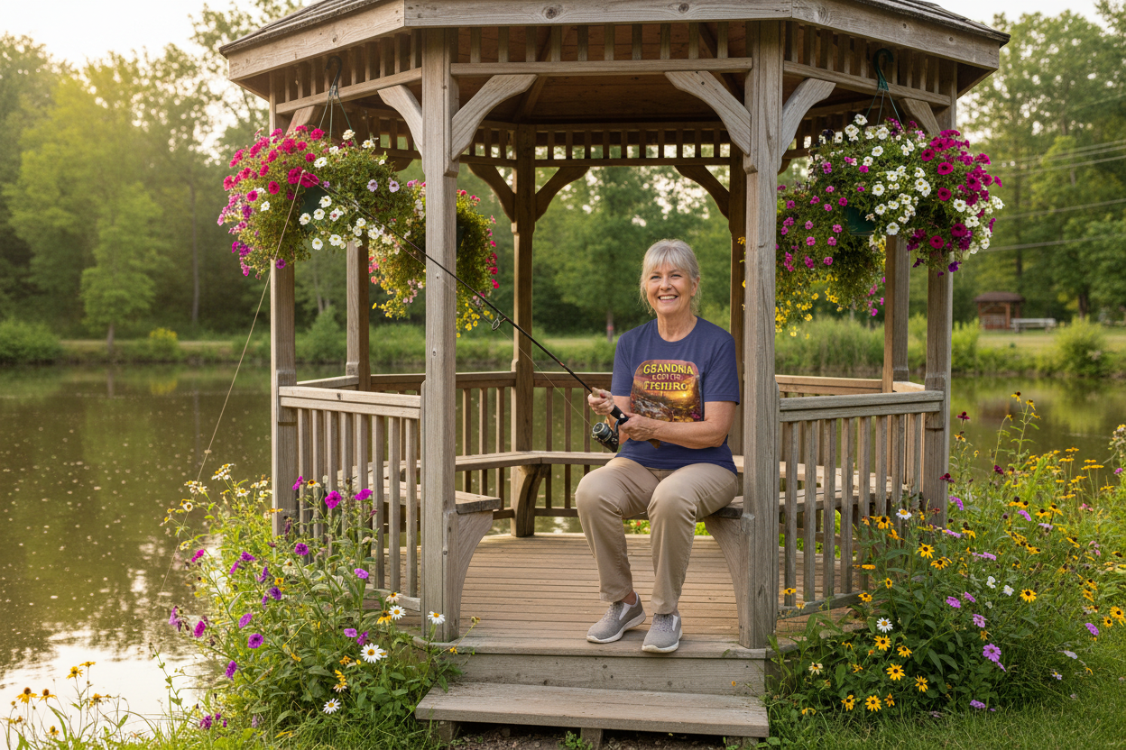 Grandmother wearing Grandma Loves Fishing navy t-shirt fishing from gazebo over pond