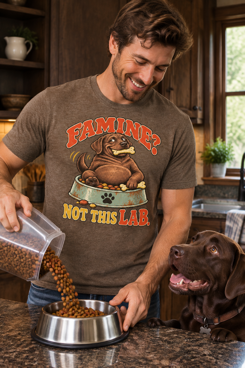 Man in rustic kitchen feeding chocolate lab wearing Famine Not This Lab shirt