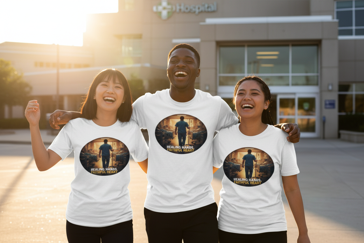 Group of three diverse nurses wearing faith tees celebrating outside hospital at sunrise
