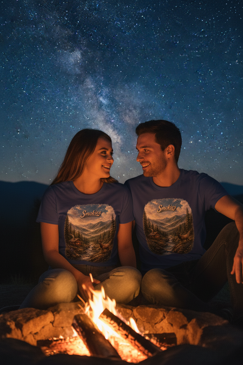 Couple wearing matching Smokies navy tees by campfire under stars in the Great Smoky Mountains