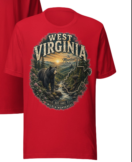 West Virginia Wild & Wonderful red t-shirt - Mountain State bear graphic