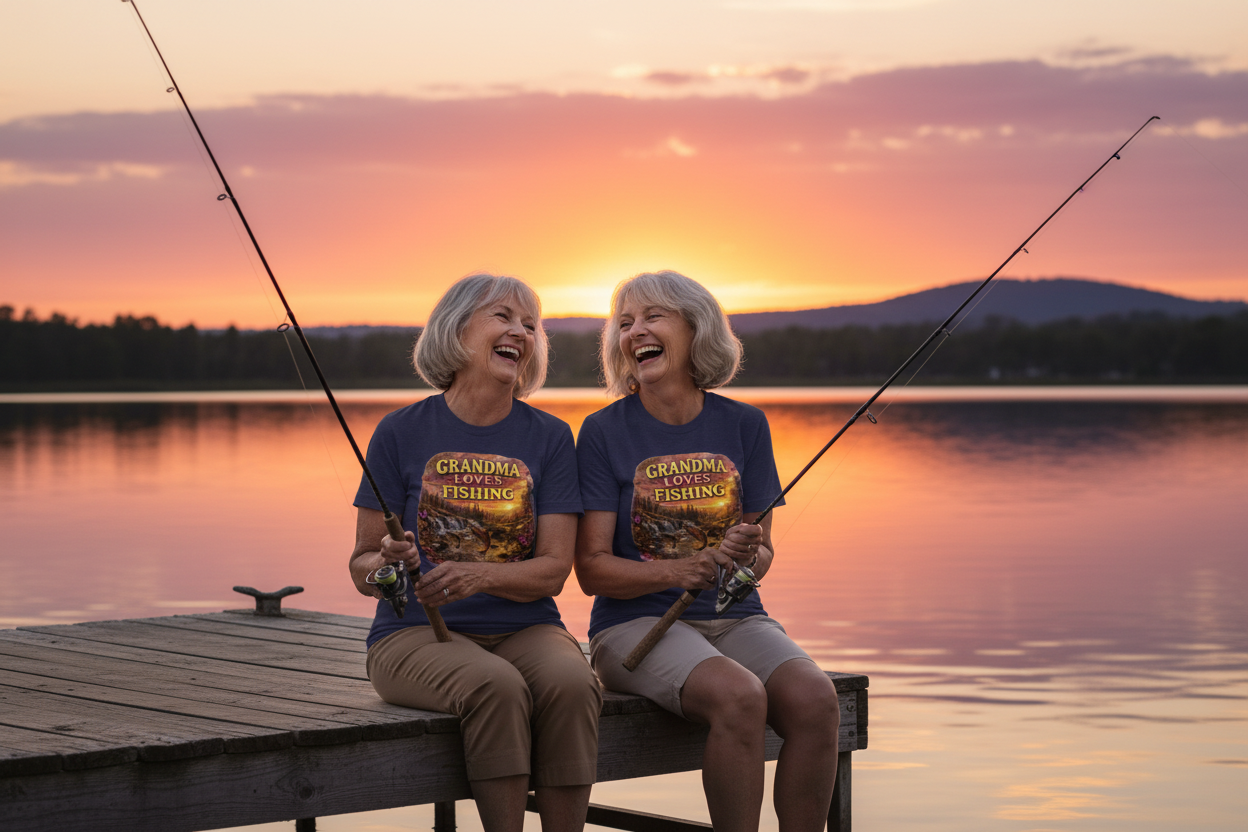 Two grandmothers wearing Grandma Loves Fishing navy t-shirts fishing together on dock at sunset