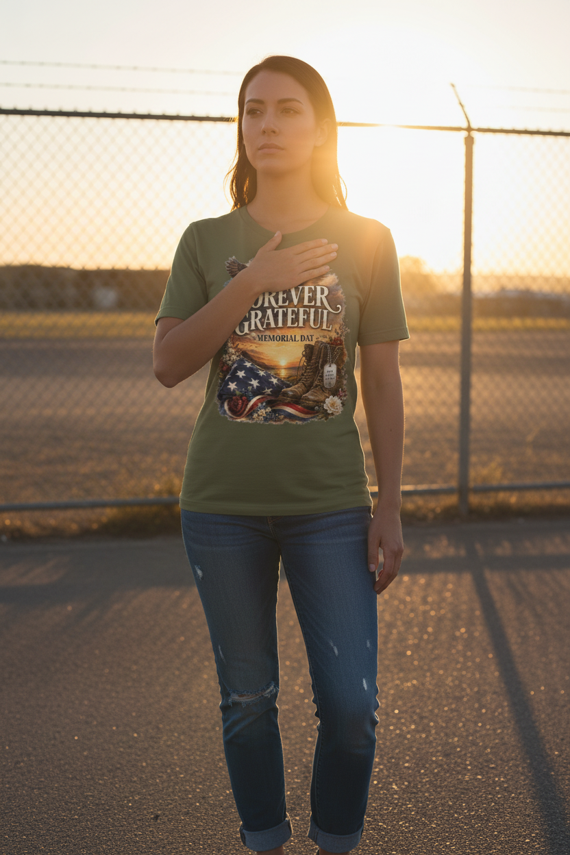Woman wearing Forever Grateful Memorial Day t-shirt at golden hour sunset near military base