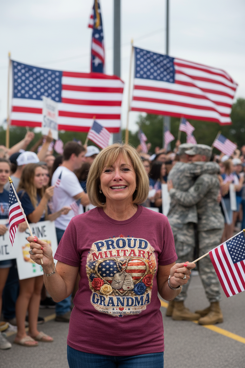 Proud Military Mom wearing maroon t-shirt at military homecoming ceremony