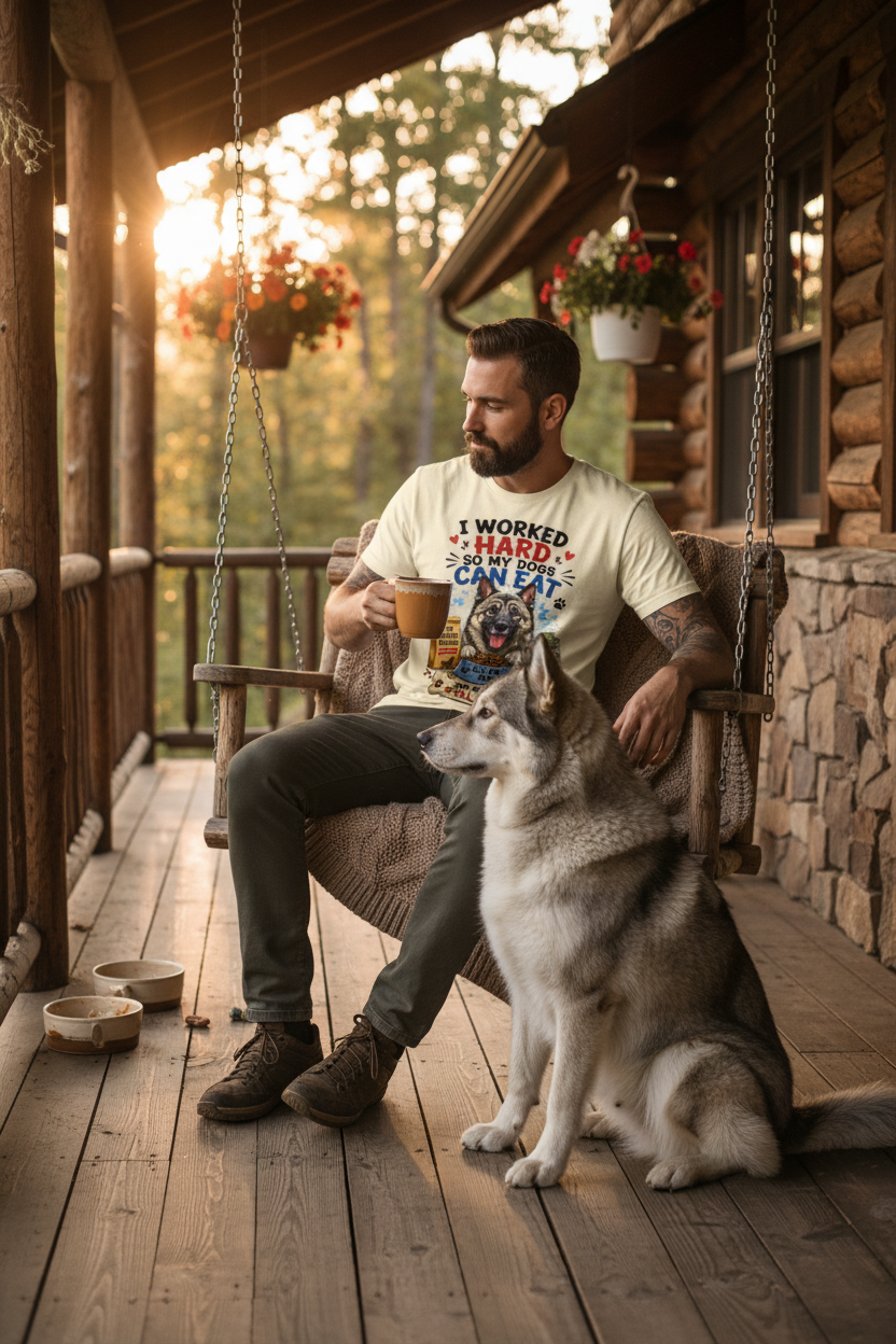Man on porch with coffee and Norwegian Elkhound wearing funny dog shirt
