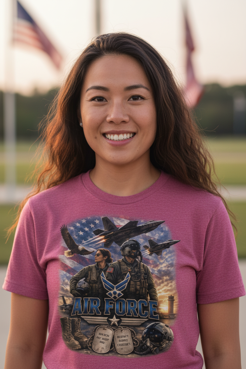 Asian American woman wearing berry Air Force graphic t-shirt
