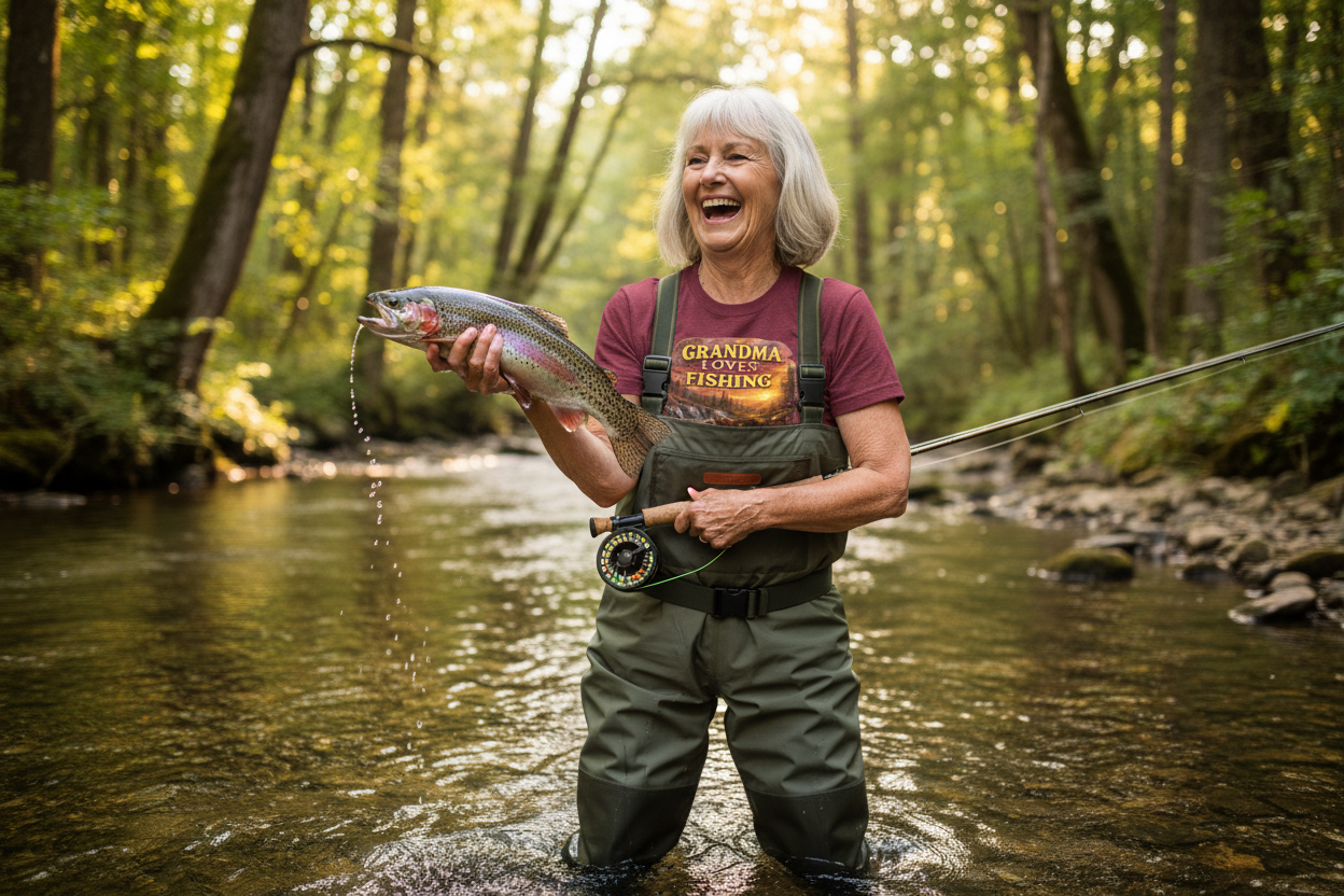 Grandmother wearing Grandma Loves Fishing maroon t-shirt fly fishing in creek holding trout