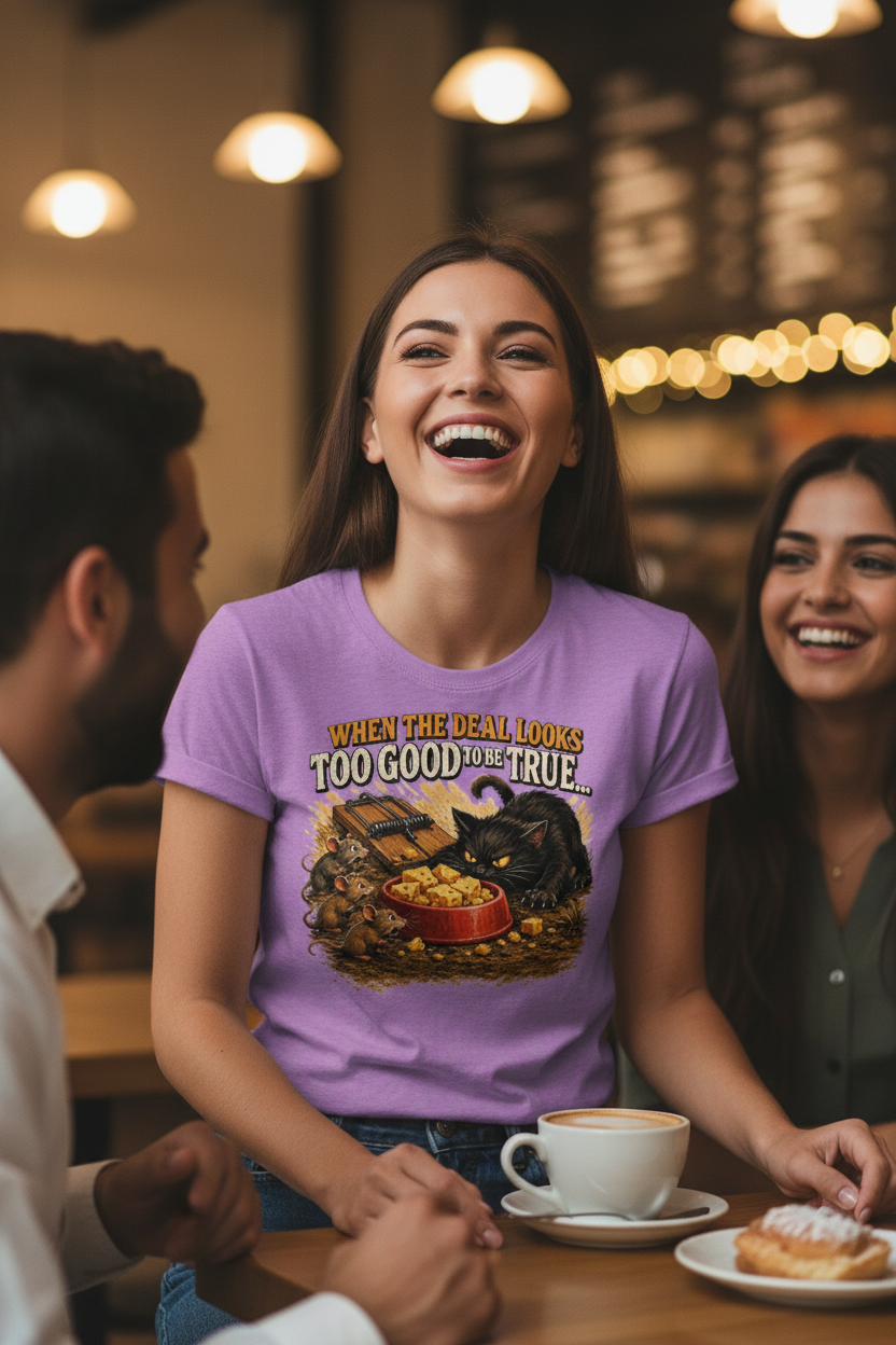 Woman wearing When The Deal Looks Too Good To Be True purple graphic tee at coffee shop